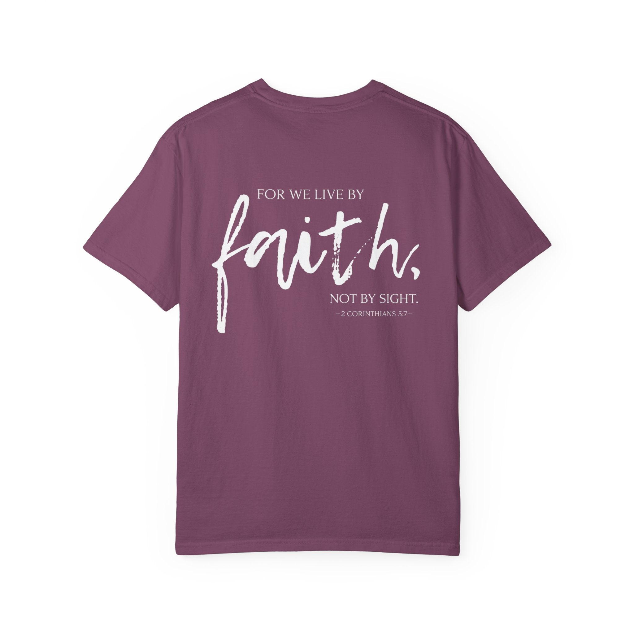 Ladies Christian Faith T-Shirt — 'For We Live By Faith, Not By Sight' Cross Design