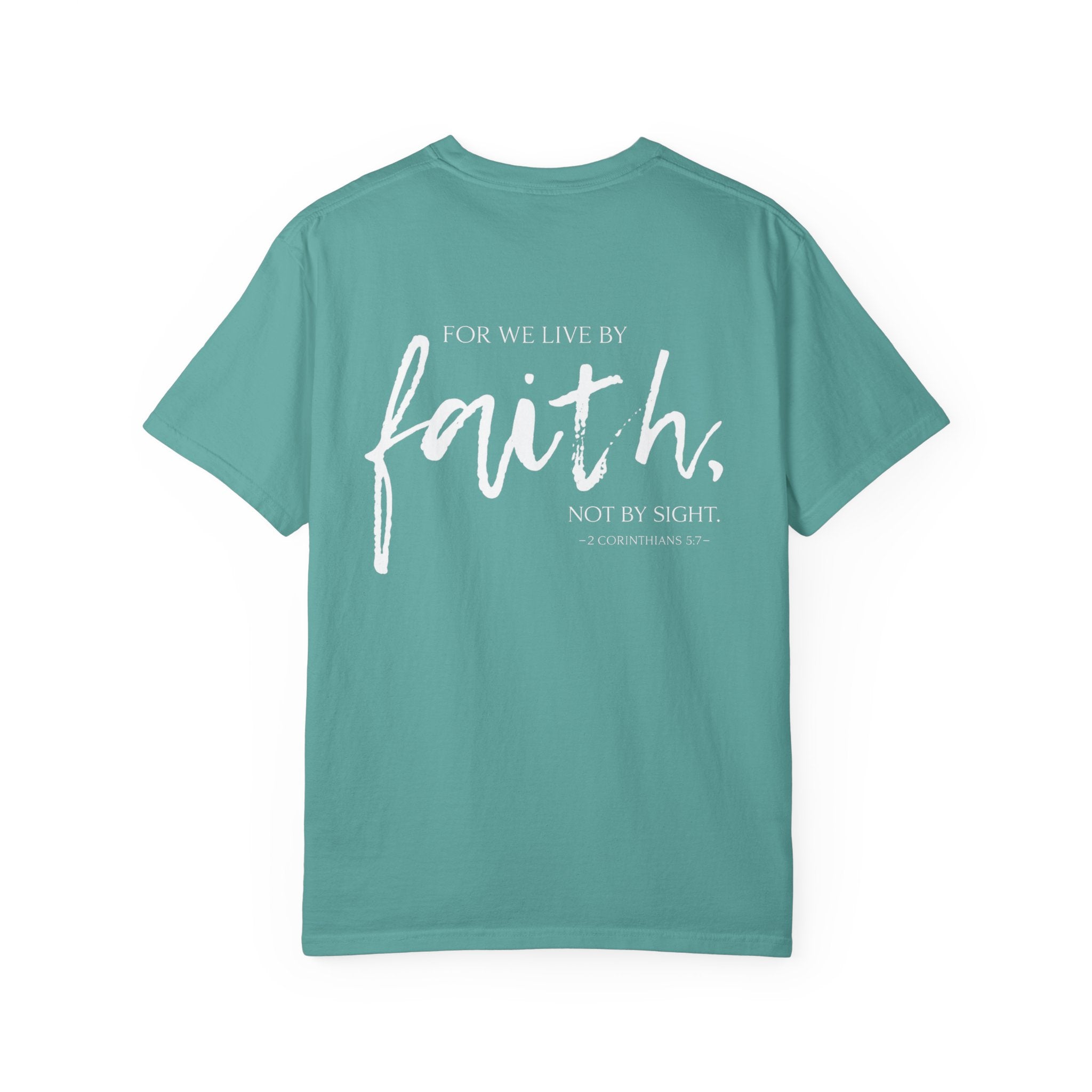 Ladies Christian Faith T-Shirt — 'For We Live By Faith, Not By Sight' Cross Design