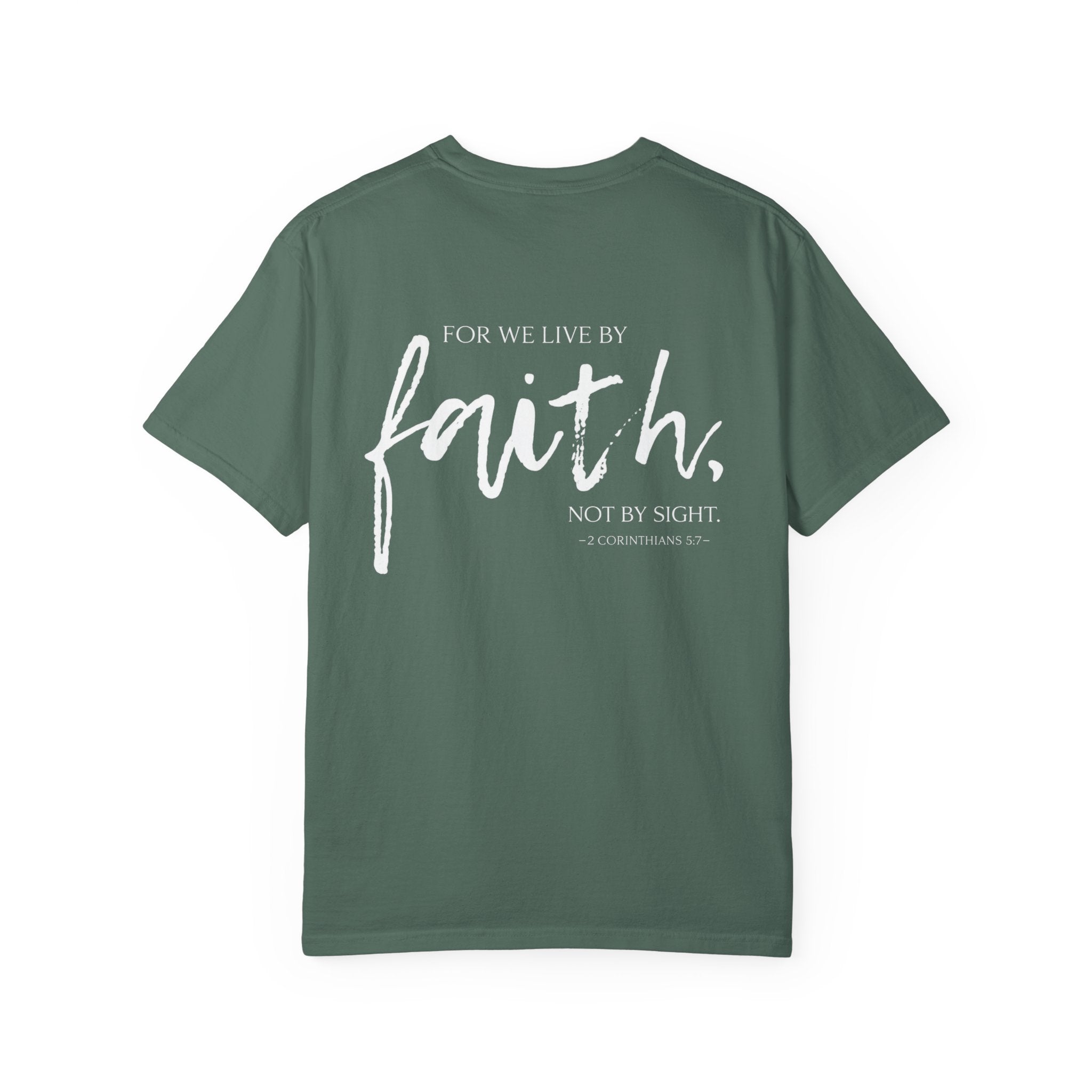 Ladies Christian Faith T-Shirt — 'For We Live By Faith, Not By Sight' Cross Design