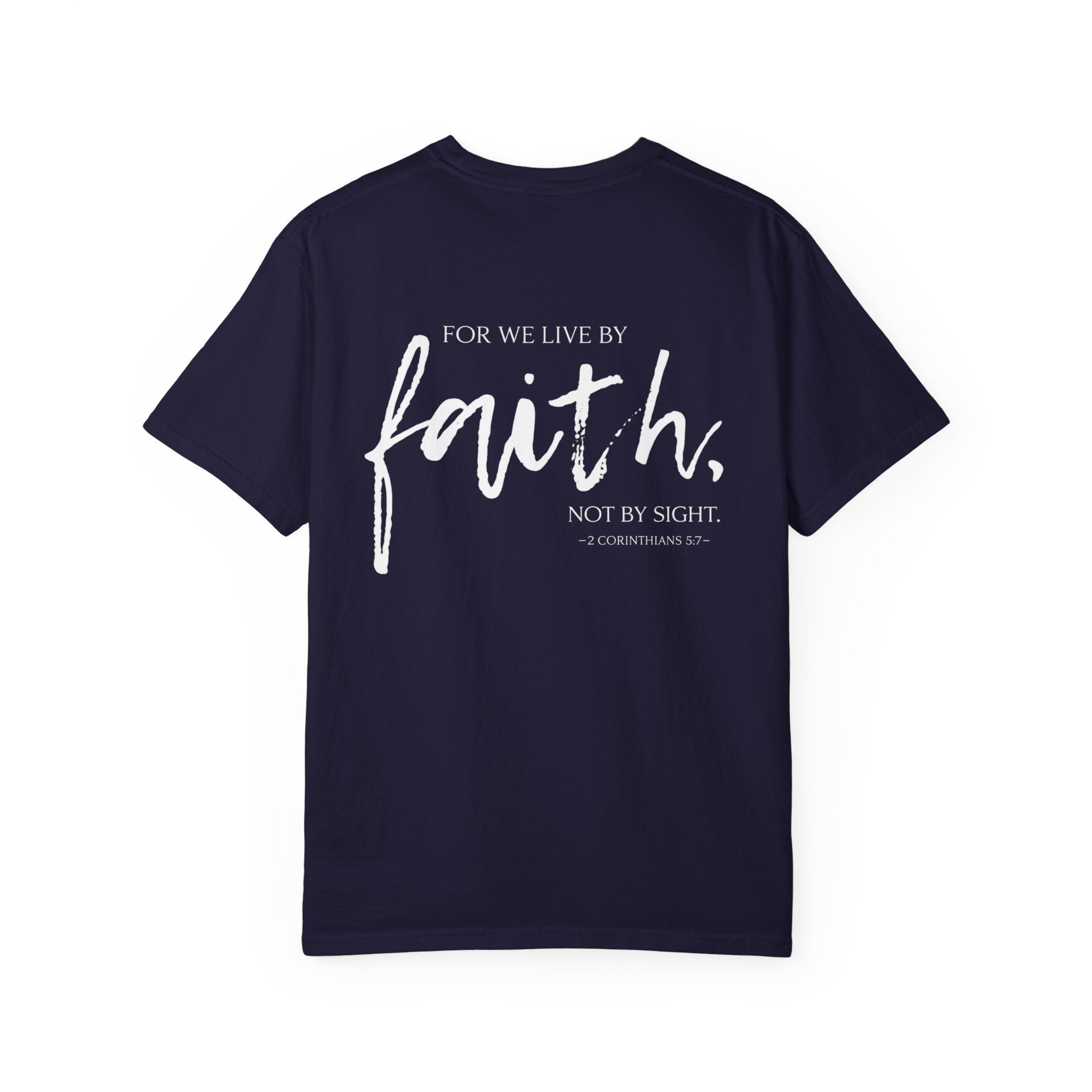 Ladies Christian Faith T-Shirt — 'For We Live By Faith, Not By Sight' Cross Design