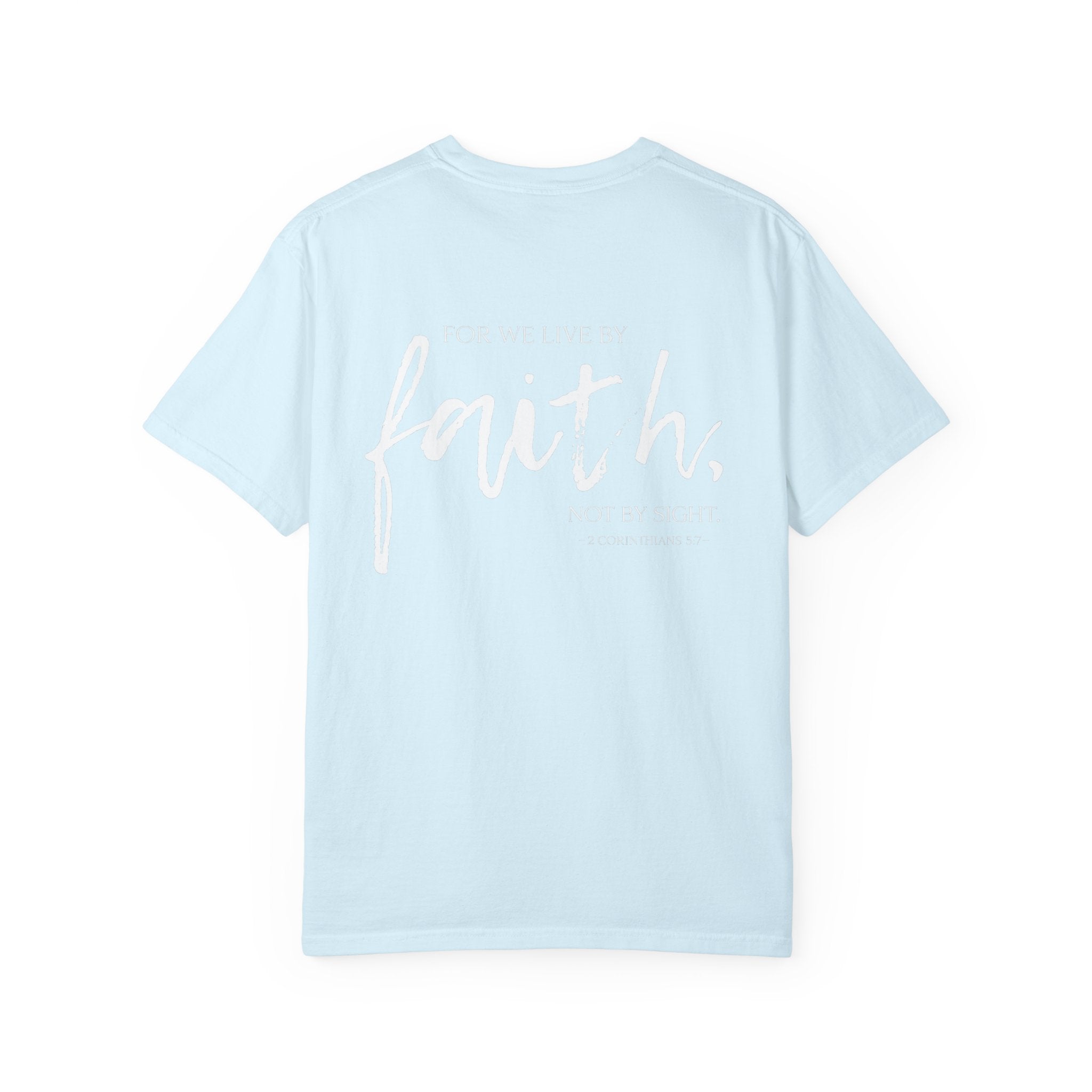 Ladies Christian Faith T-Shirt — 'For We Live By Faith, Not By Sight' Cross Design